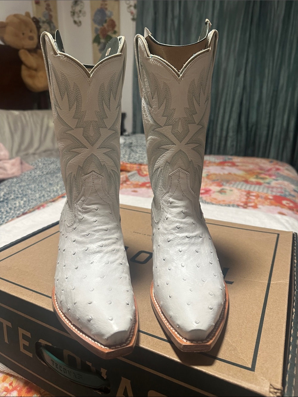 Tecovas White Ostrich-Texture Western Boots - Picture 2 of 6